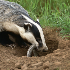 A badger digging up a snake from a hole in the ground