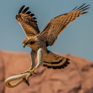 A hawk swooping down to catch a snake in the desert